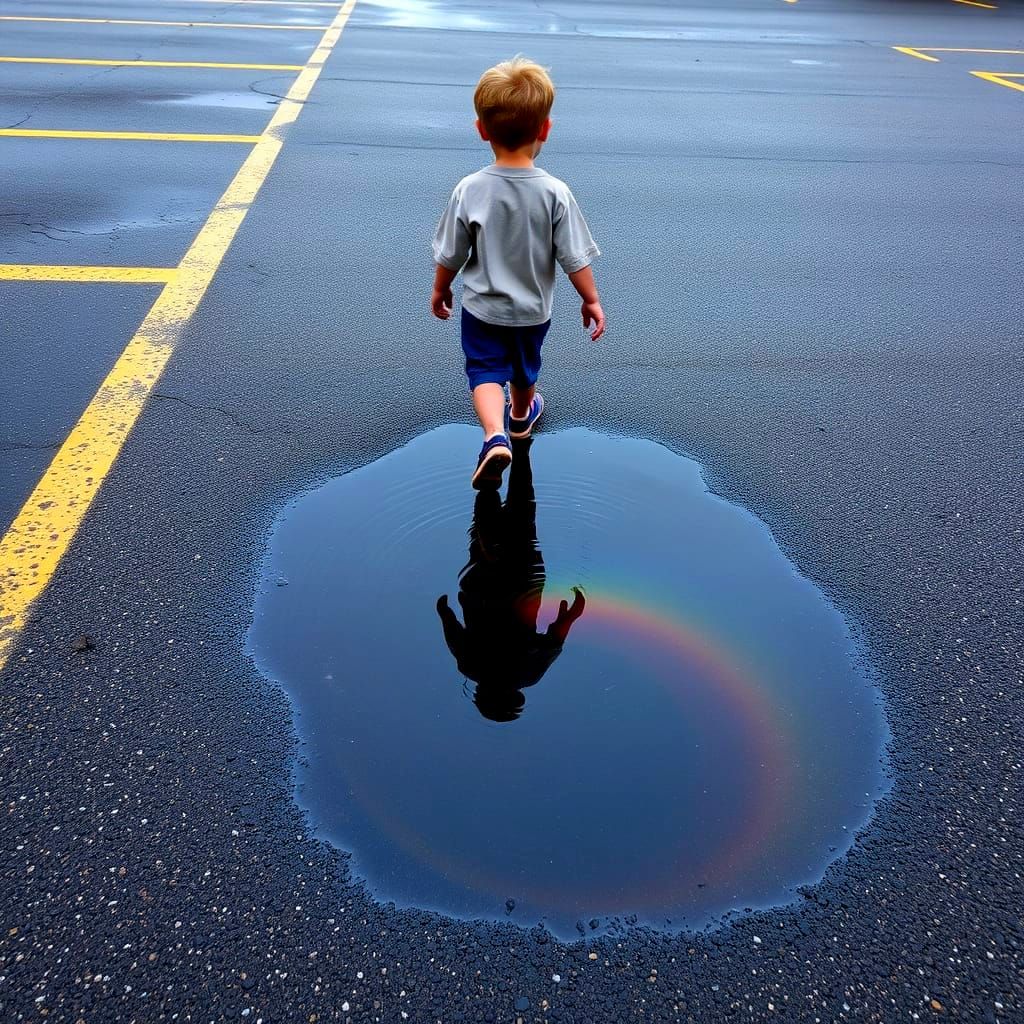 Rainbow Swirls Captivate Boy by Parking Lot Puddle