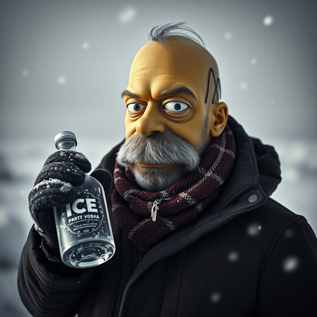 Gritty Winter Portrait of Homer Simpson in a Harsh Environme...
