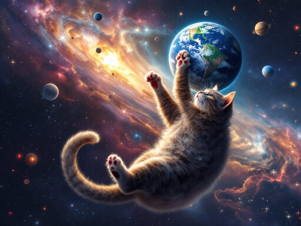 Cosmic Space Cat Pawing Earth and Planets