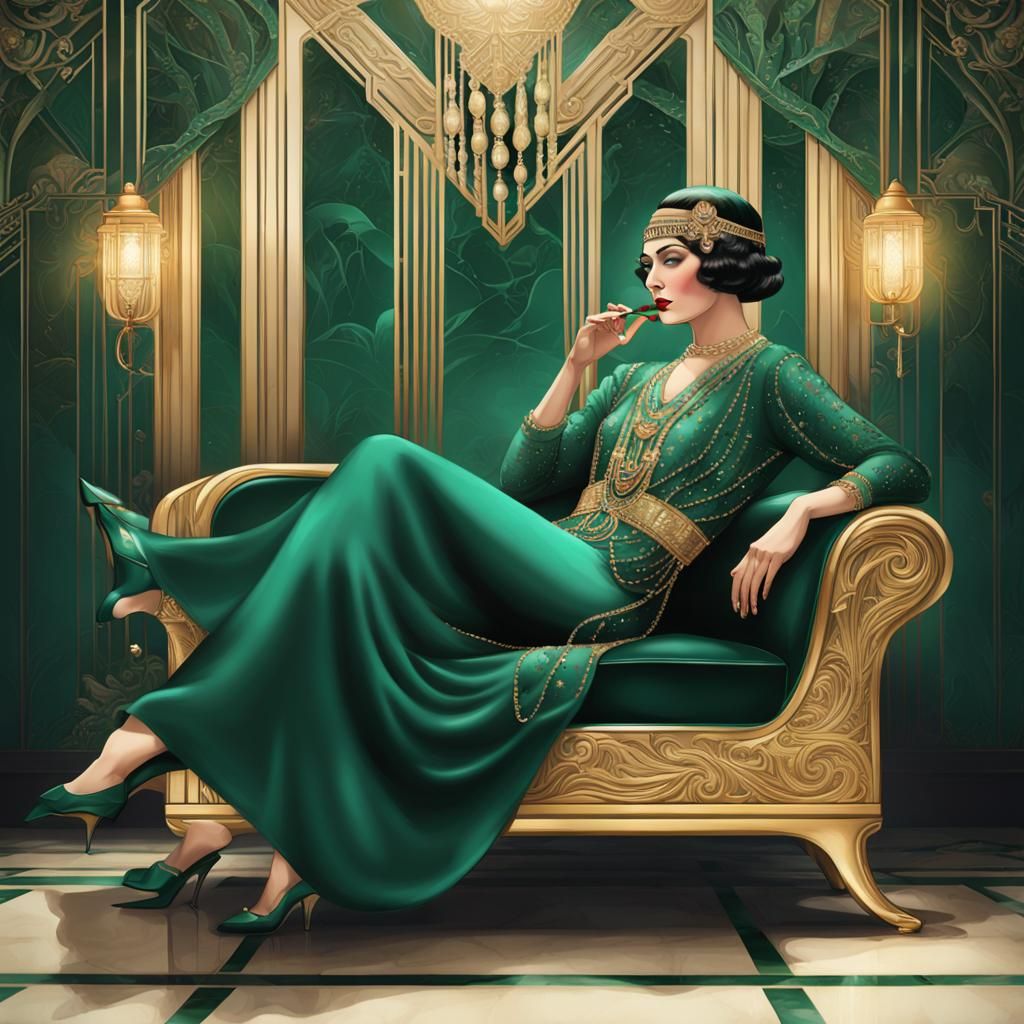 1920's Woman in Art Deco Costume Lounging in Parlor