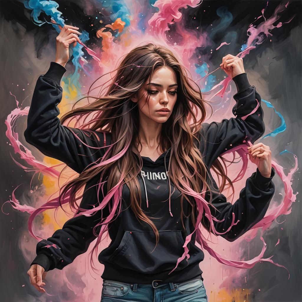 Girl Pulled by Hands in Vibrant Oil Painting