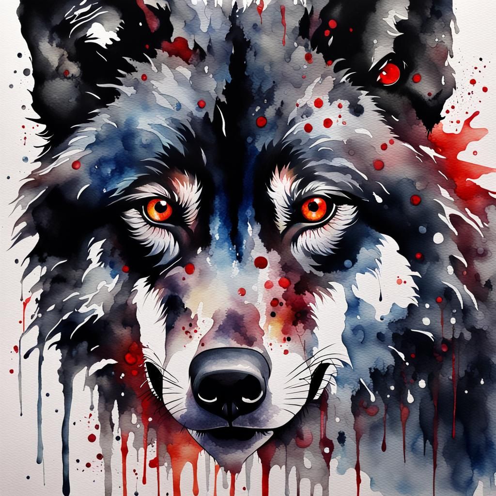 Dripping Watercolor Painting of a Dark Wolf