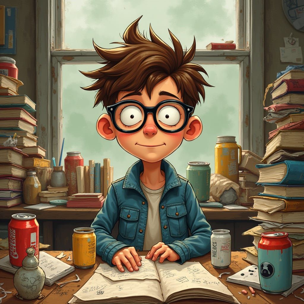 Animated Character in a Whimsical, Hand-Drawn Study Scene