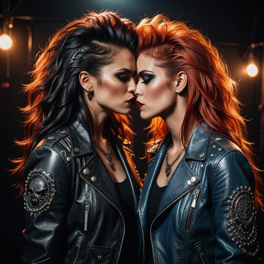 Sultry Glam Metal Goddesses Embrace in Fiery Passion