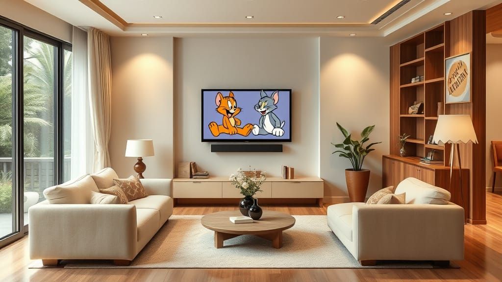 Modern Living Room with Tom & Jerry TV, Studio Ghibli Style