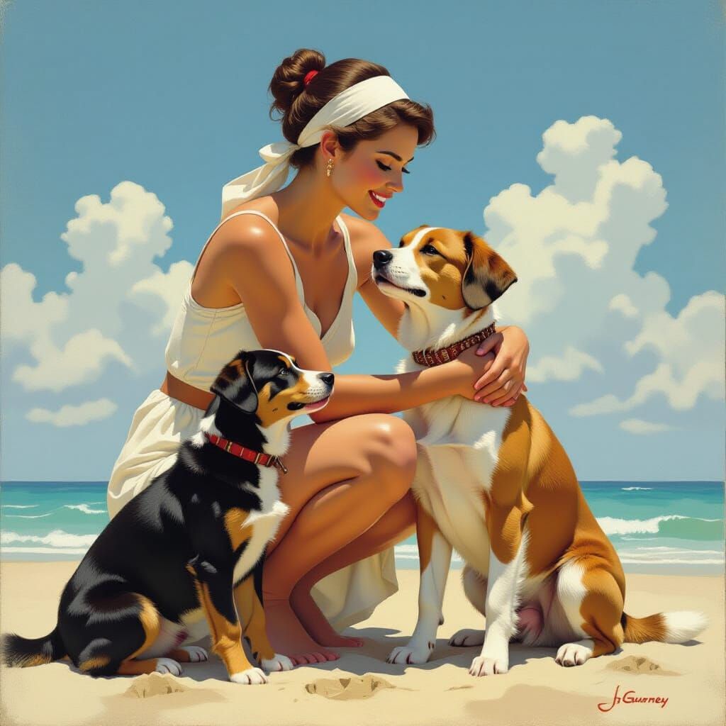 Bald Woman Embracing Dog on Beach in Oil Painting Style