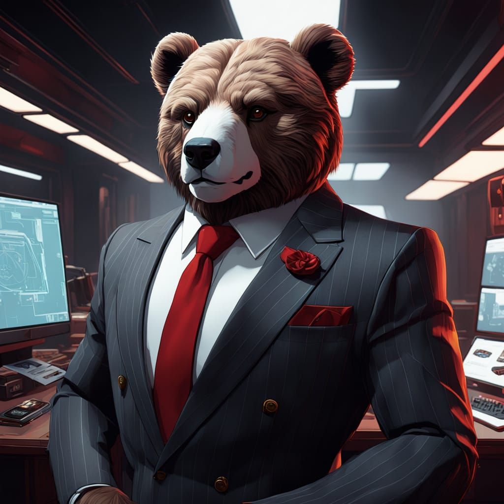 Whimsical Business Bear in 80s Corporate Chic