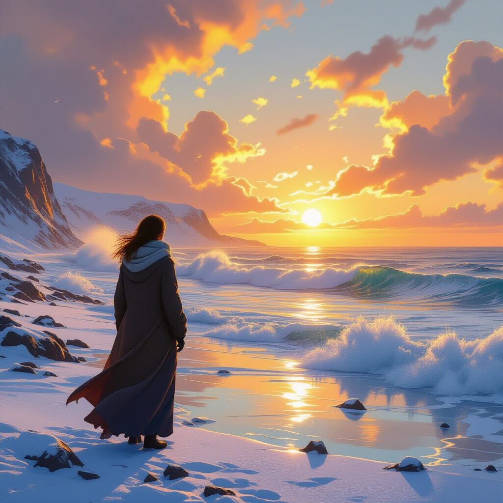 Woman on Icy Shoreline Gazing at Sunlit Sea
