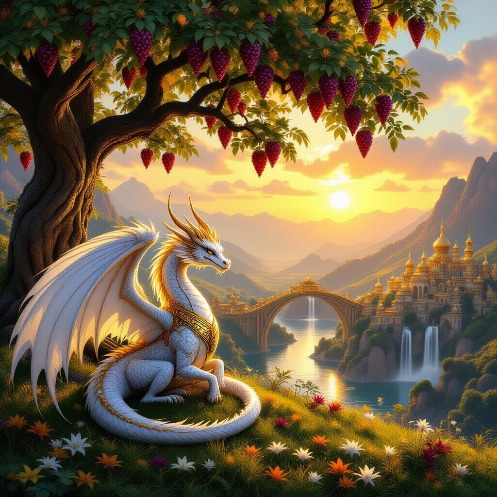 White and Gold Dragon Under Jeweled Tree at Sunset