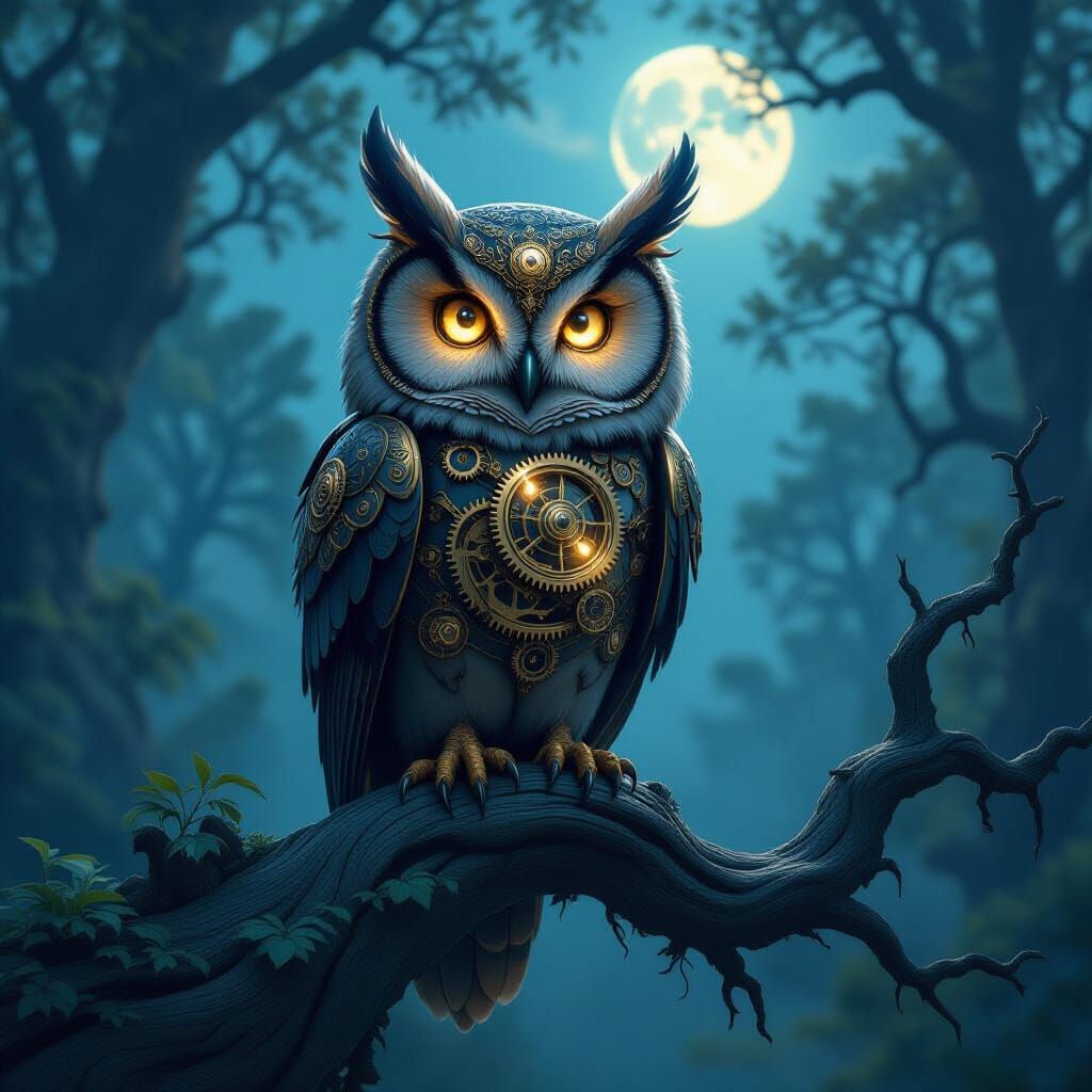 Clockwork Owl in Twilight Forest, Steampunk Style
