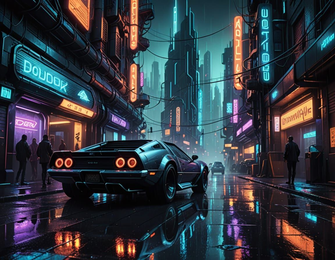 Retro-Futuristic Cityscape with Neon Reflections