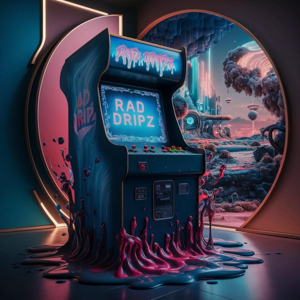 Melting Arcade Machine in Surreal Futuristic Cityscape
