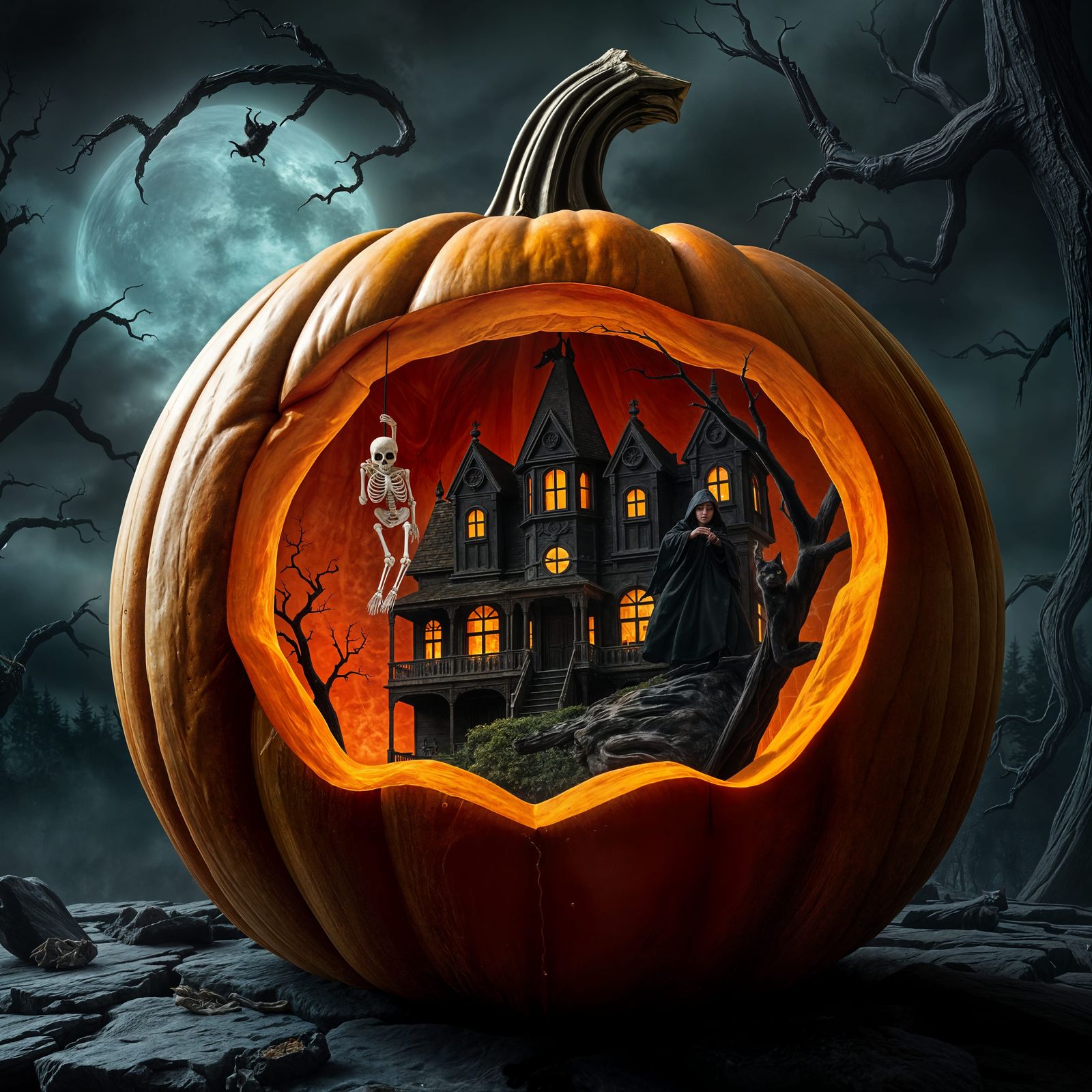 Haunted Halloween Pumpkin Diorama in Hyperrealistic Style