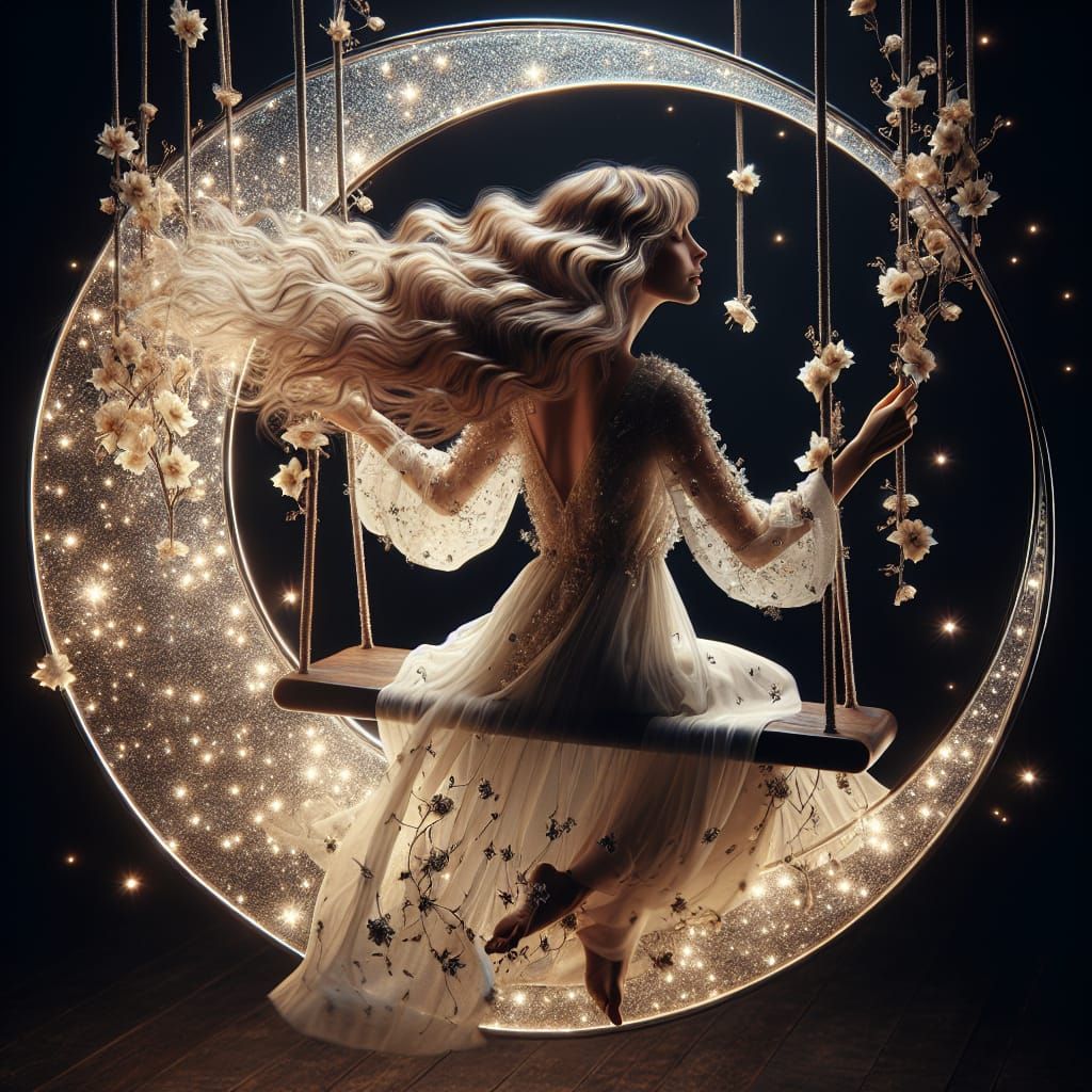 Ethereal Woman on Glass Swing Under Crescent Moon