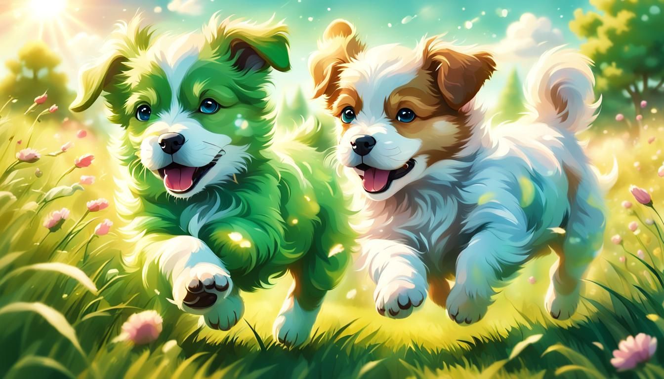 Puppies Playing in Meadow: Whimsical Digital Art