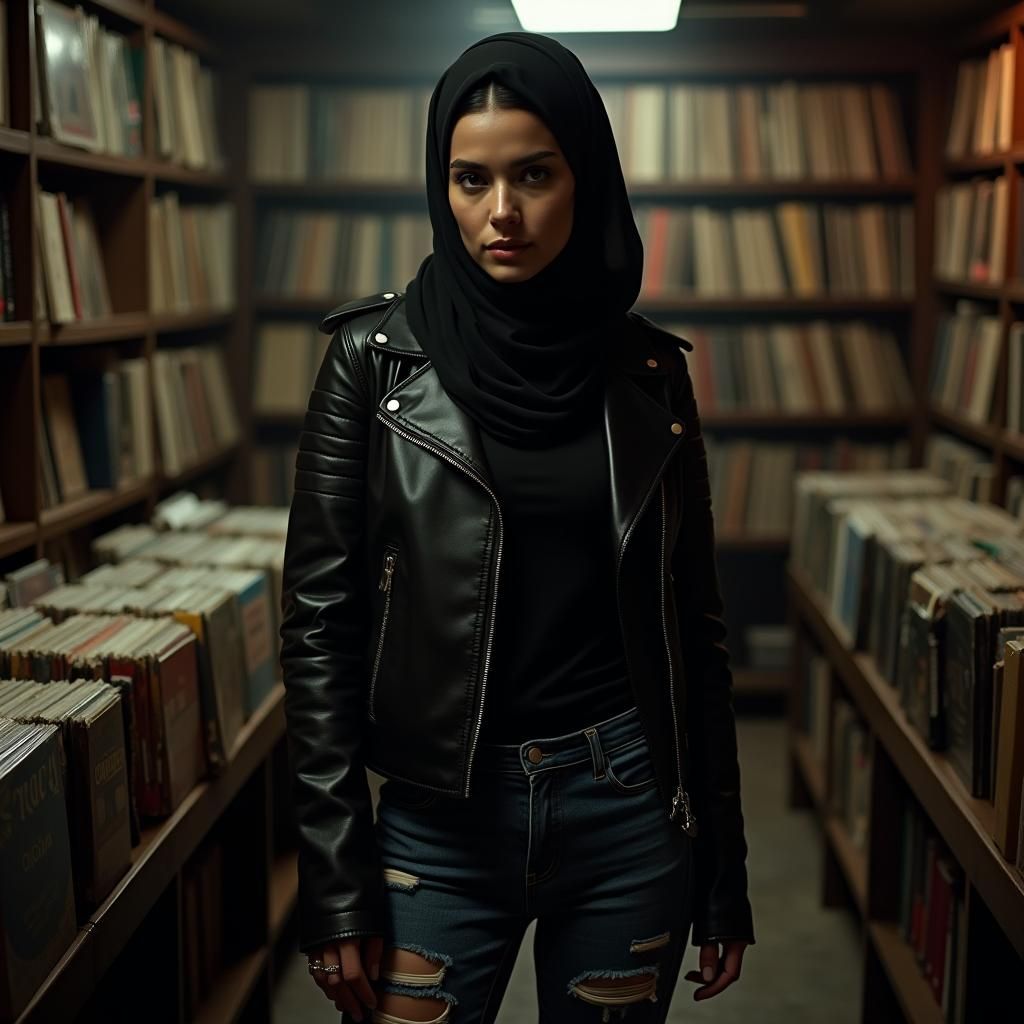 Stylish Muslim Woman in Leather Jacket, Cinematic Portrait