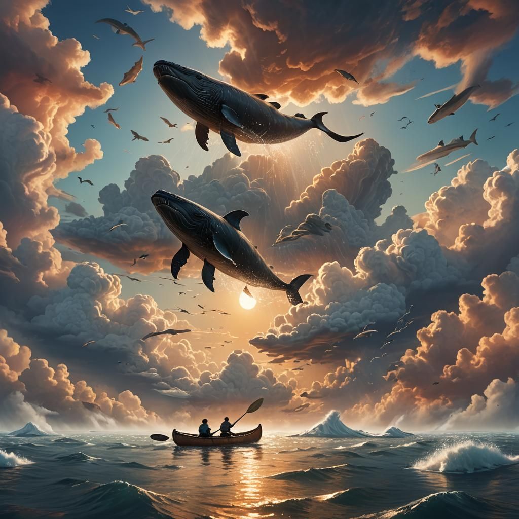Whales Swim in Sunset Sky with Canoe