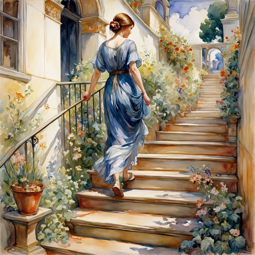 Ethereal Woman Ascends Majestic Staircase in Vibrant Waterco...
