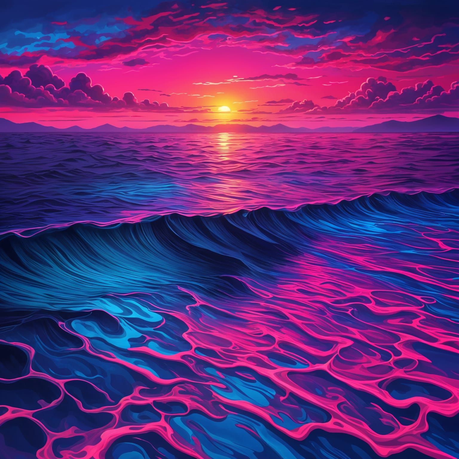Neon Sunset Over the Ocean: Hyperrealistic Image