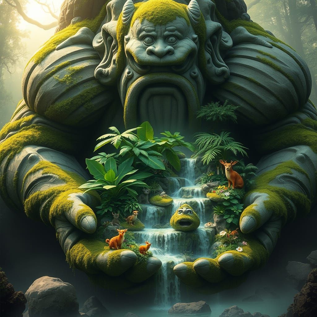 Gentle Giant in Whimsical Garden Oasis