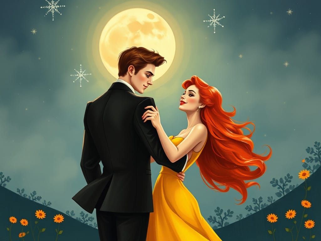 Romantic Moonlit Dance in Whimsical Folk Art Style