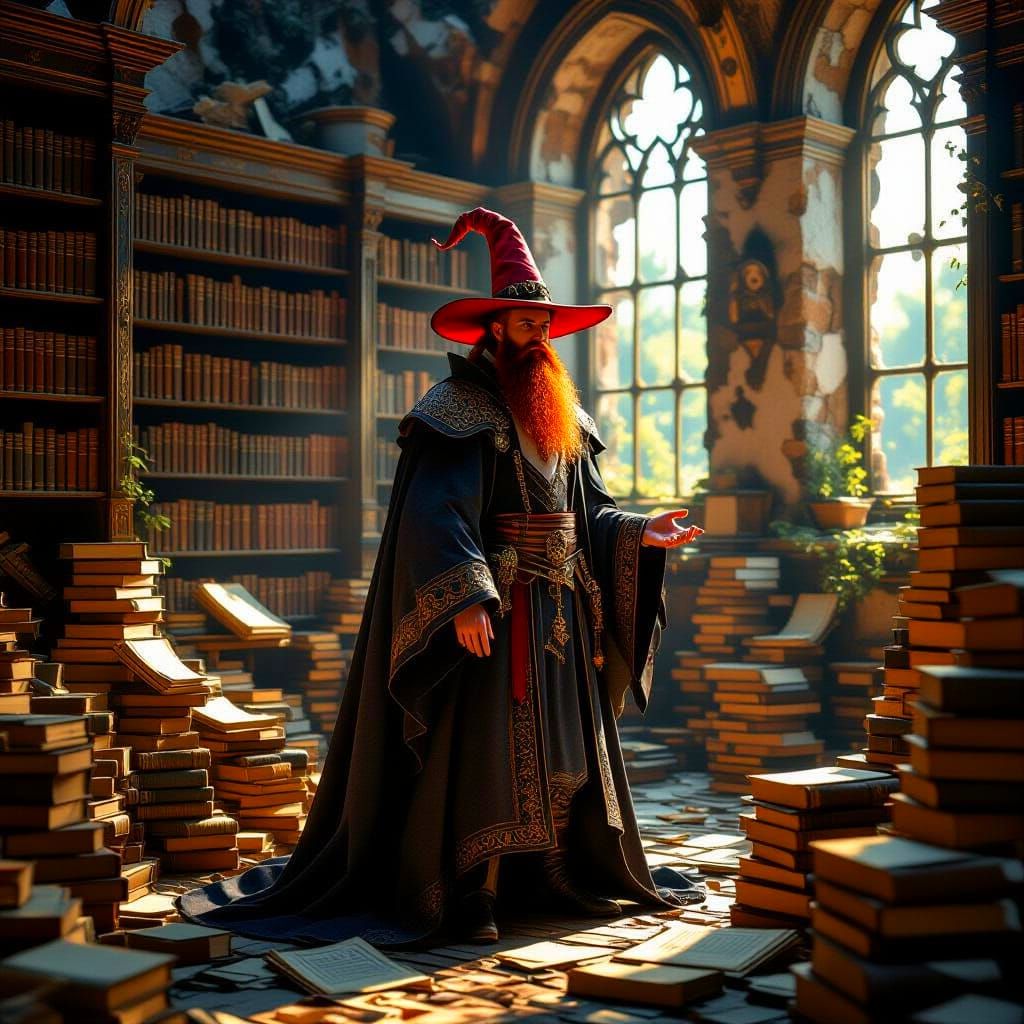 Baroque Warlock in Overgrown Library at Sunrise