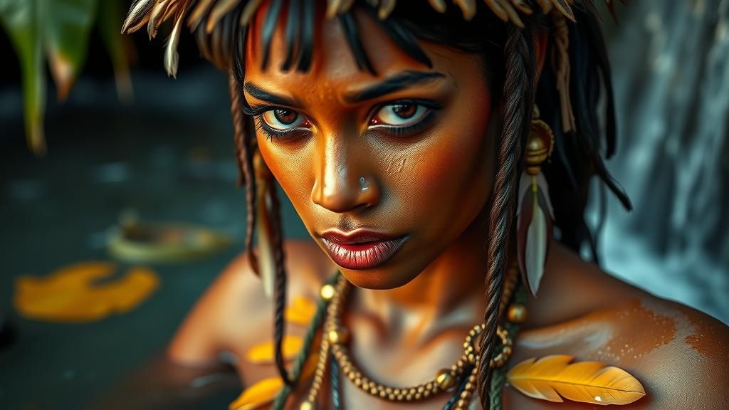 Amazonian Warrior Woman Portrait in Rainforest