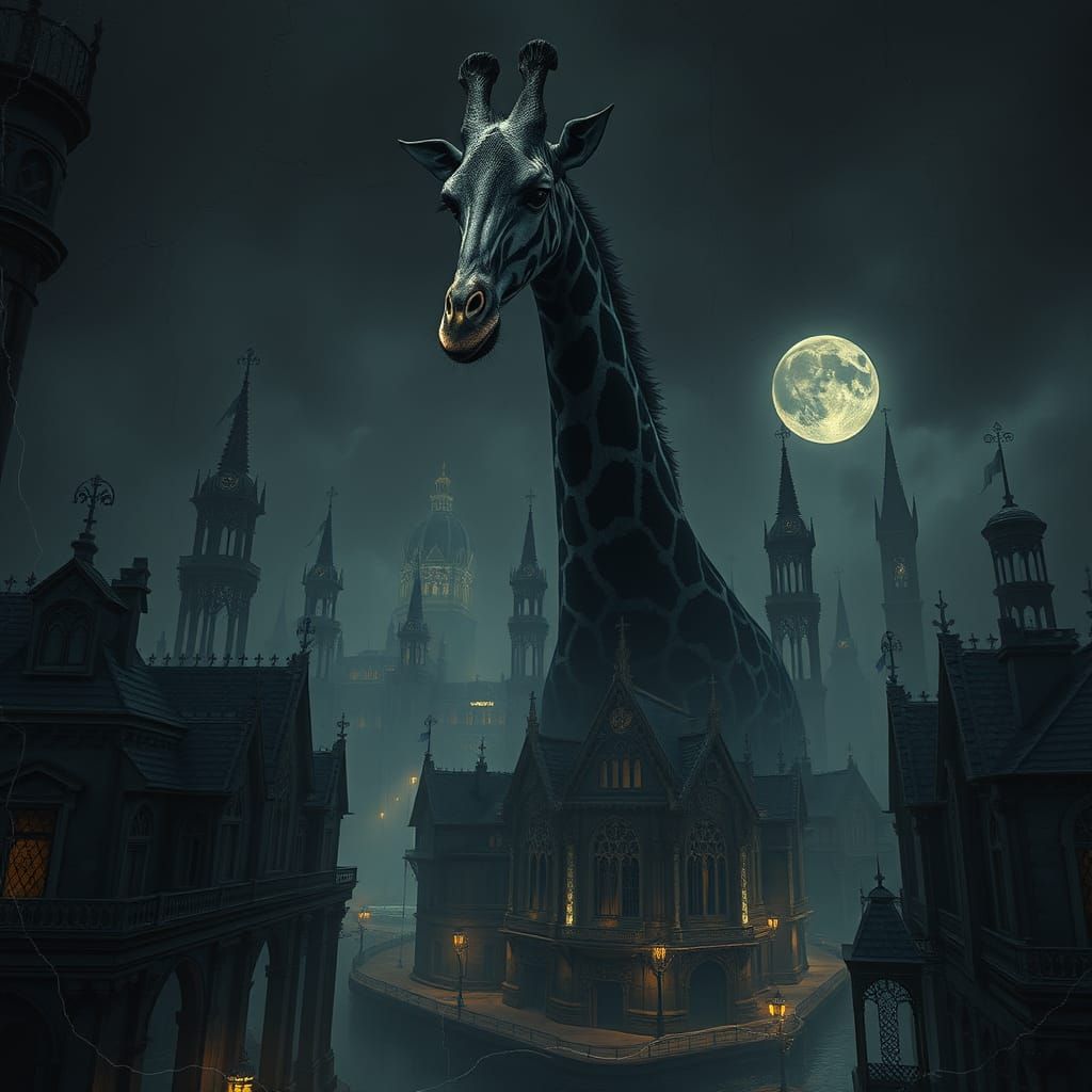 Lovecraftian Giraffe in Gothic Cityscape