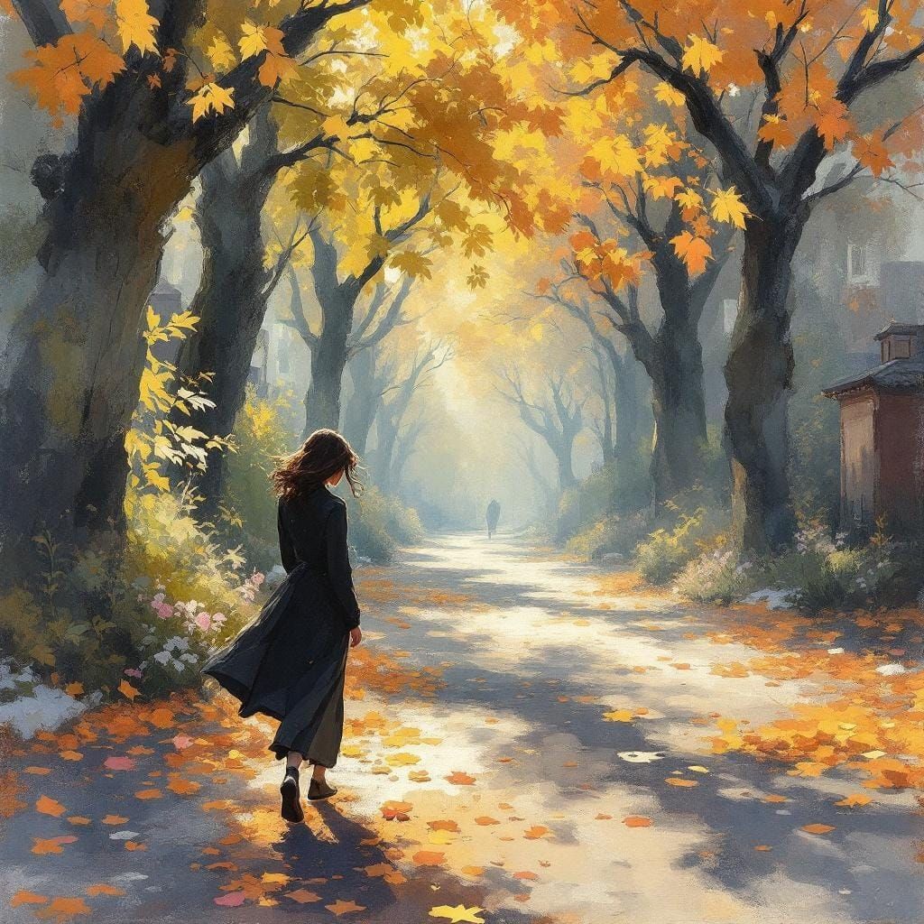 Woman on Sunlit Street in Watercolor Style