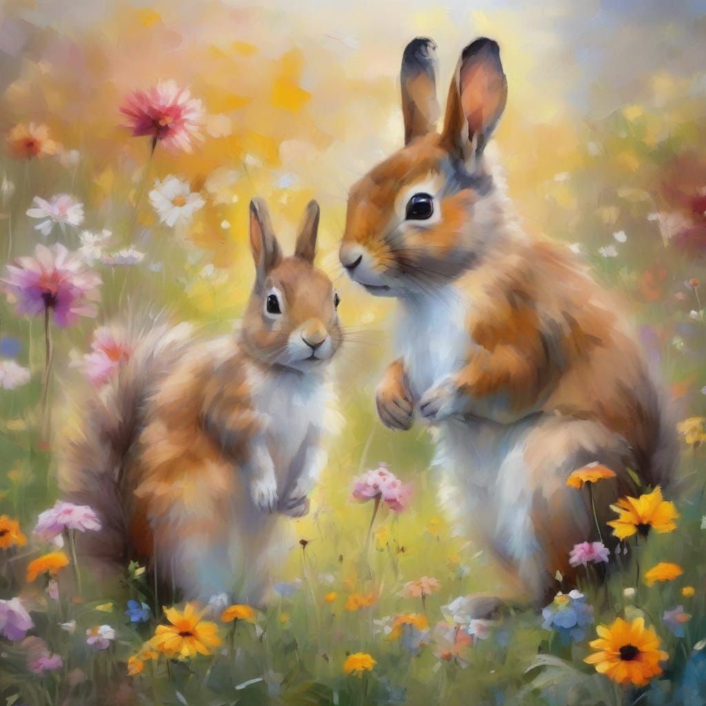 Brown Bunny and Gray Squirrel in Vibrant Floral Landscape