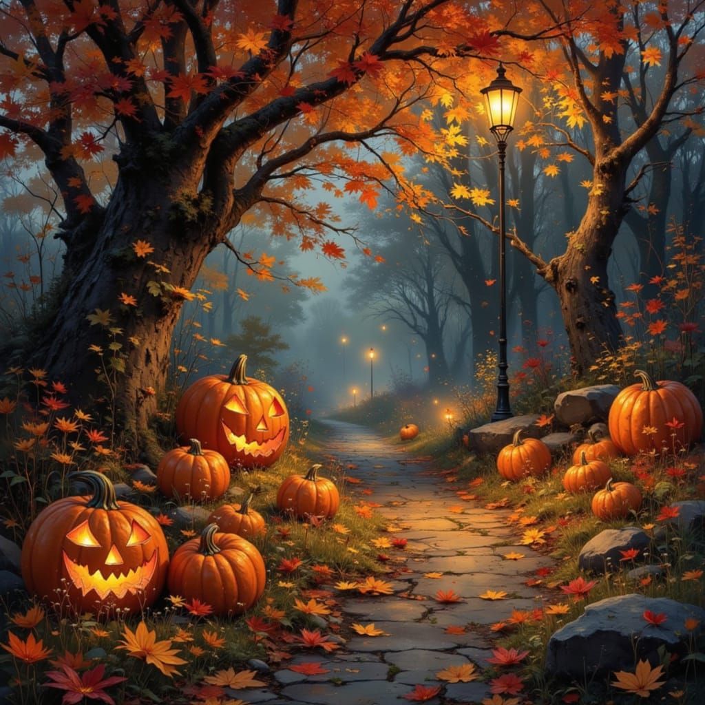 Mystical Autumn Lanterns and Pumpkins