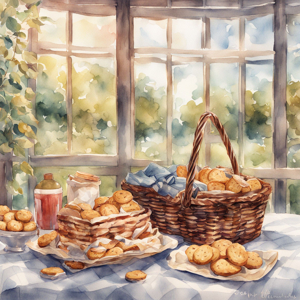 Whimsical Watercolor Picnic Scene with Cocoa Biscuits