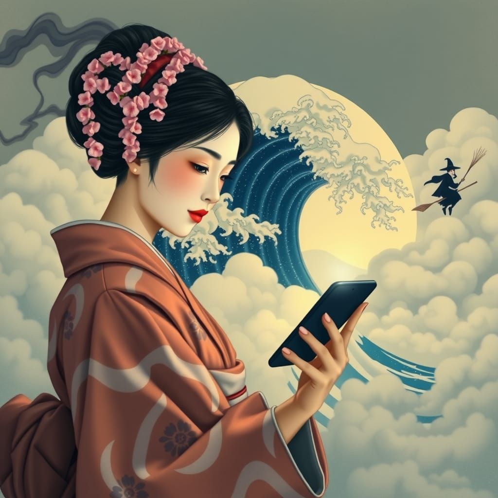 Japanese Maiden with Phone in Ukiyo-e Style