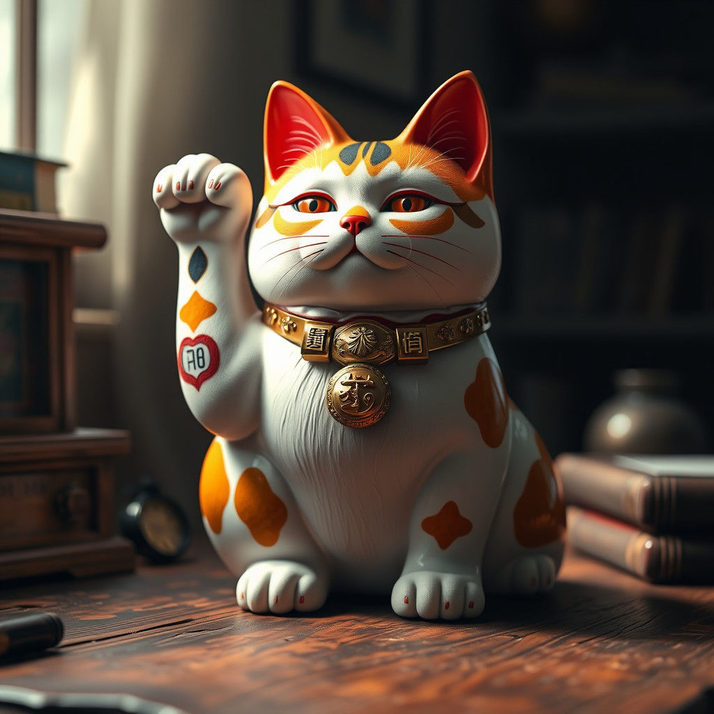 Serene Maneki-Neko Cat in Hyperrealistic Style