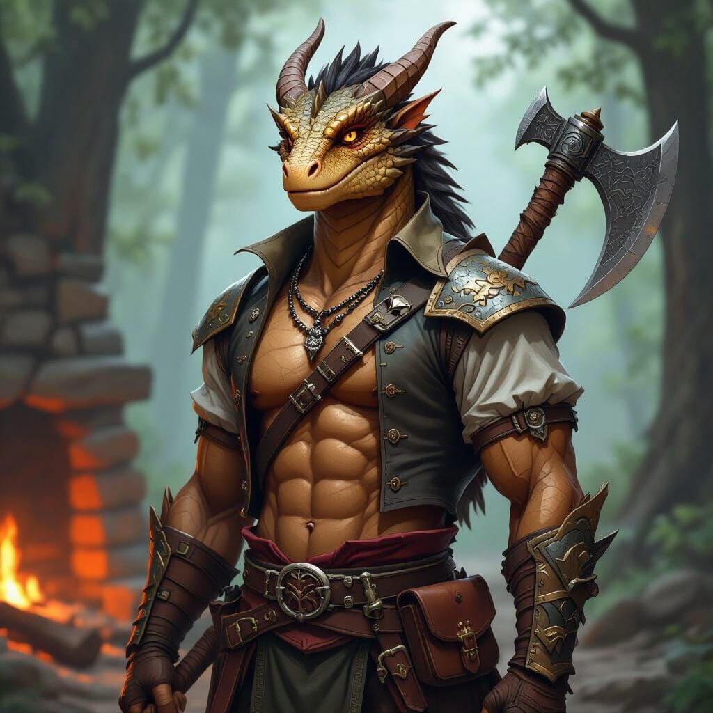 Bronze Dragon Man with Snake Features and Pirate Shirt