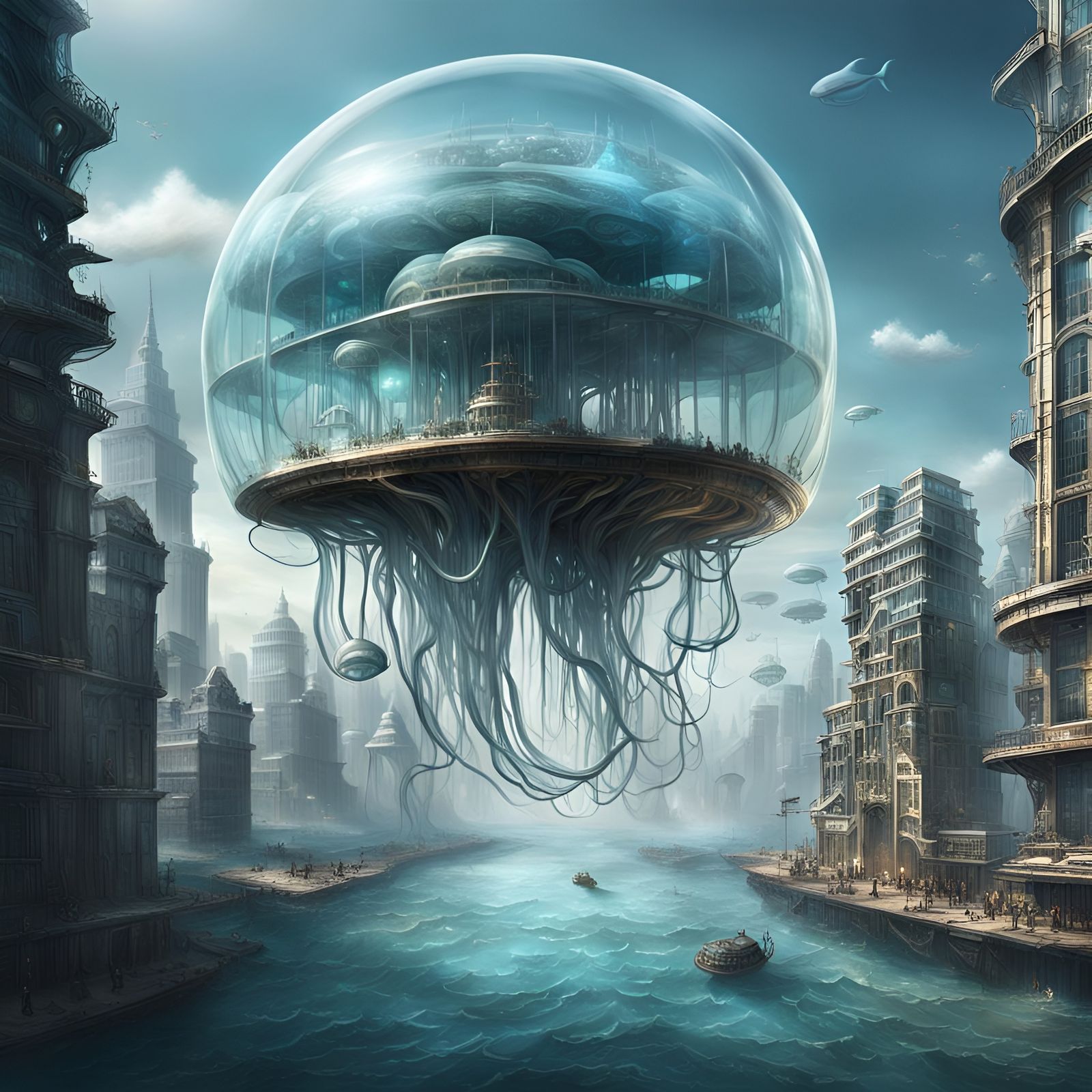 Steampunk City Inside Glass Jellyfish Concept Art