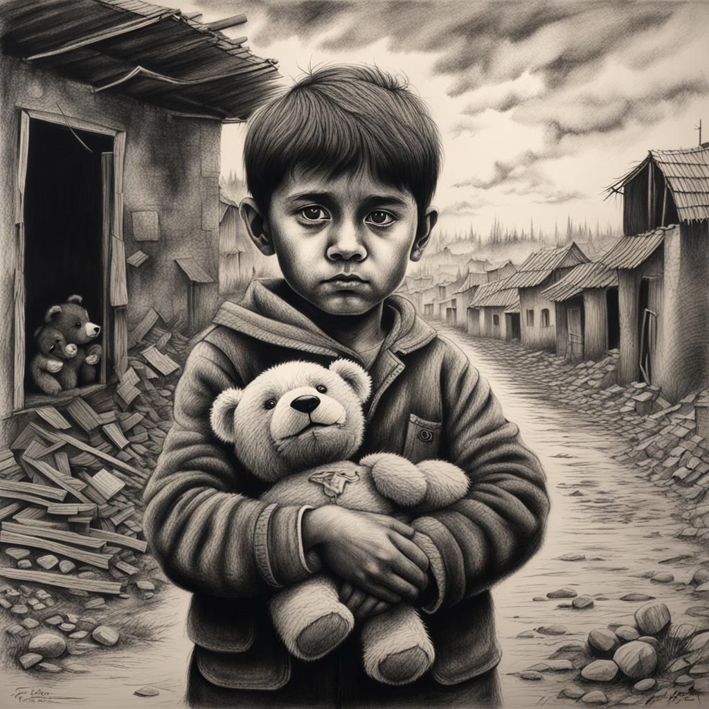Child with Teddy Bear in War-Torn Village