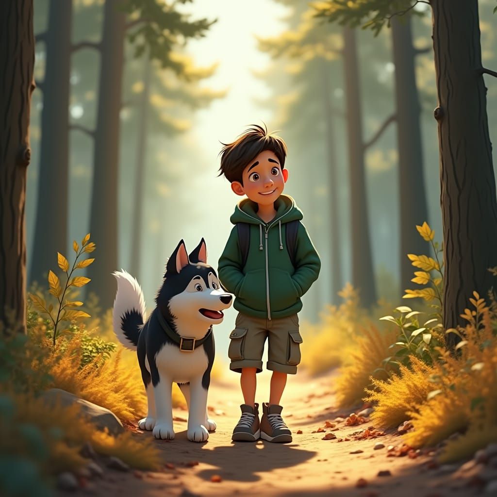 Young Hiker Embarks on Forest Adventure with Loyal Siberian ...