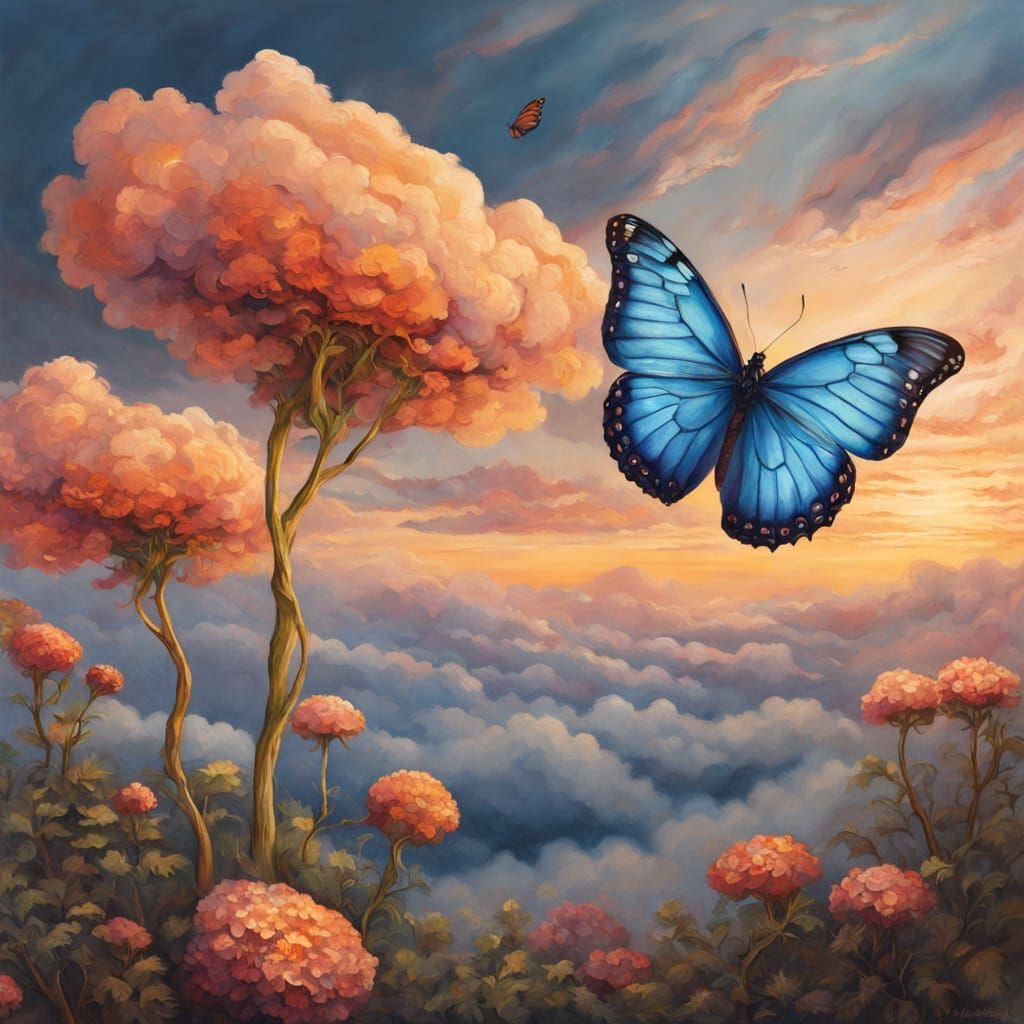 Whimsical Cloud Butterfly Amidst Delicate Flower in Warm Sun...