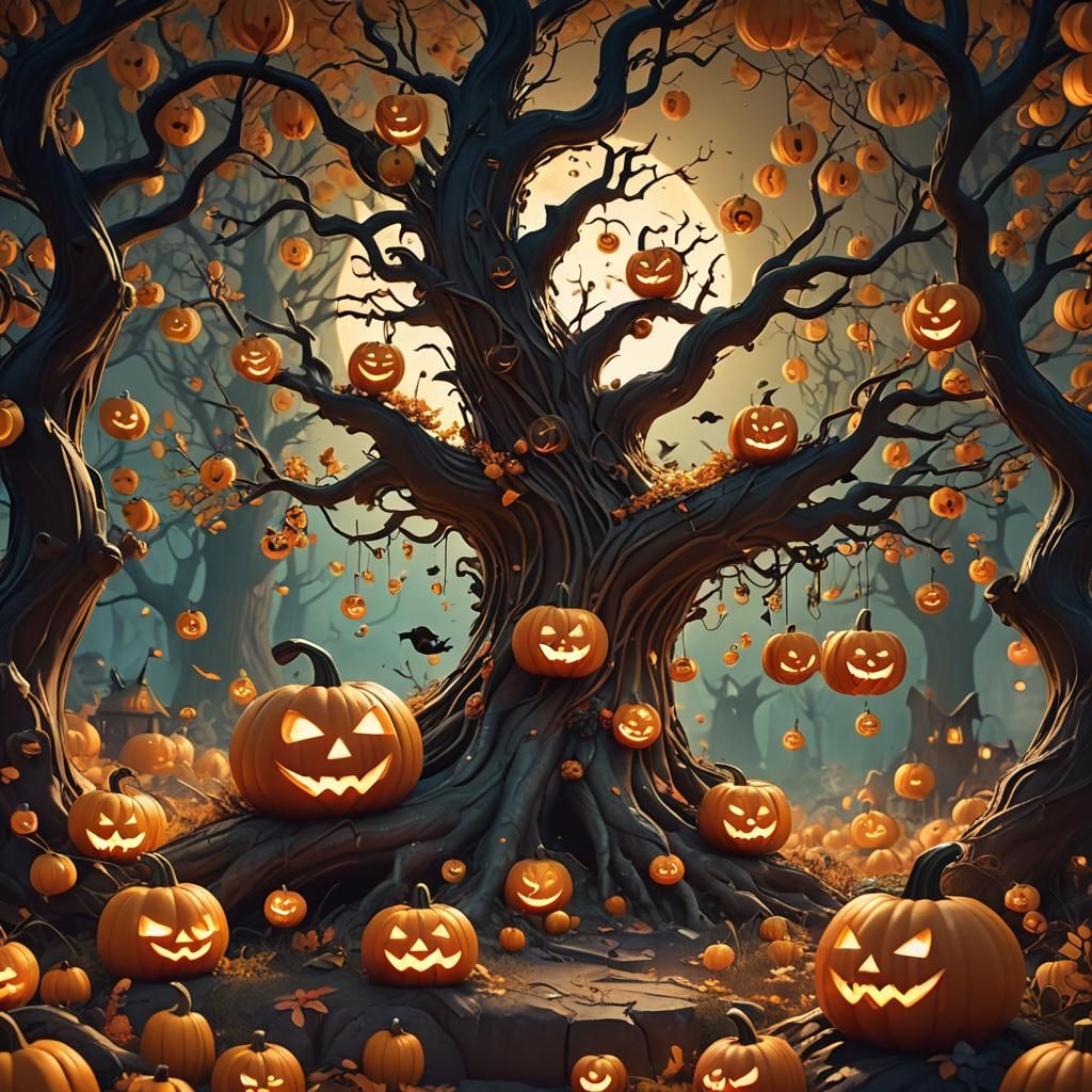 Cute Halloween Characters Decorating Pumpkin in Forest