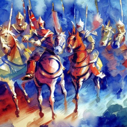 Epic Knights Battle in Gouache Watercolor Style