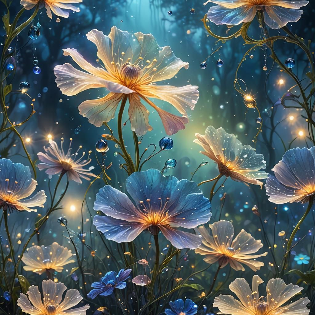 Iridescent Flower Blooms in Dreamlike Fantasy World