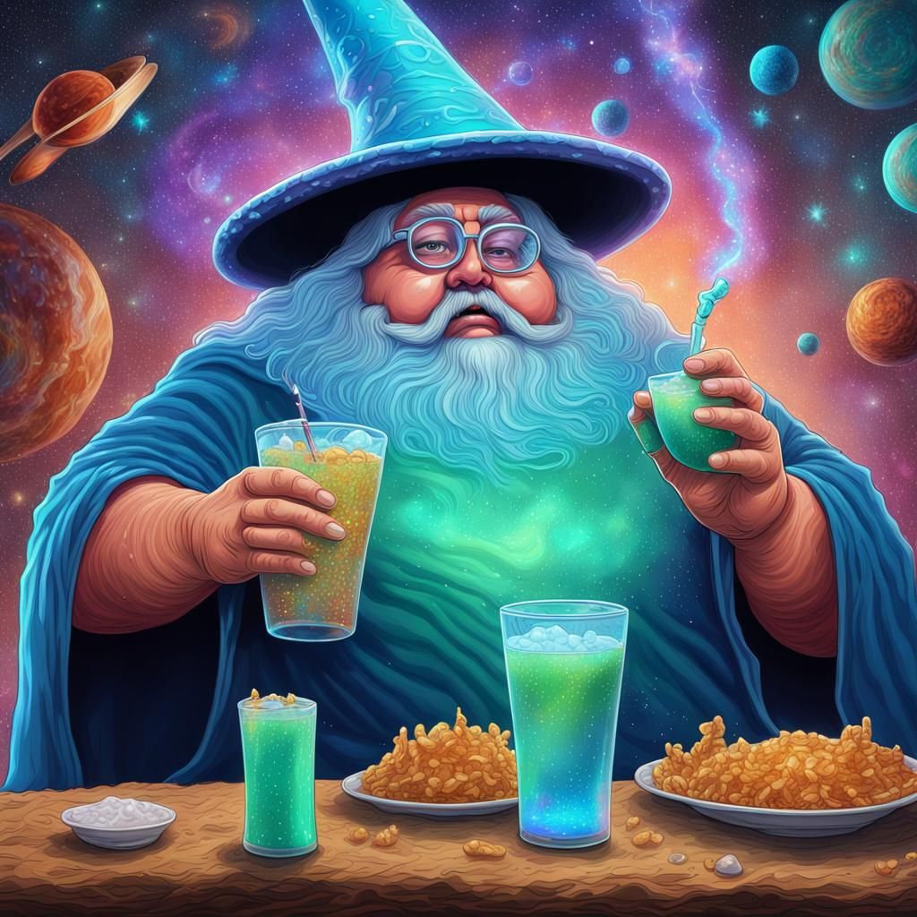Obese Wizard Drinking Baja Blast: Cosmic Illustration