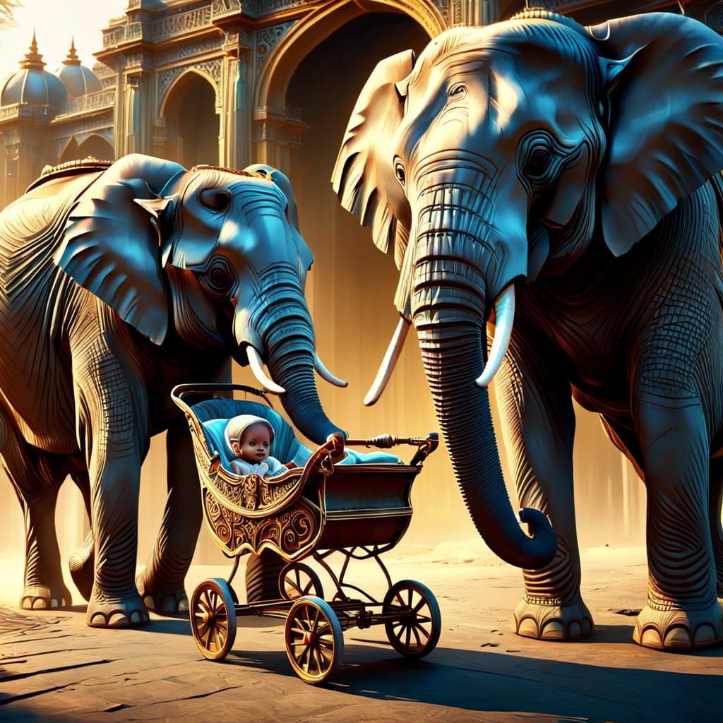 Elephant Pushing a Baby Carriage: Digital Matte Painting