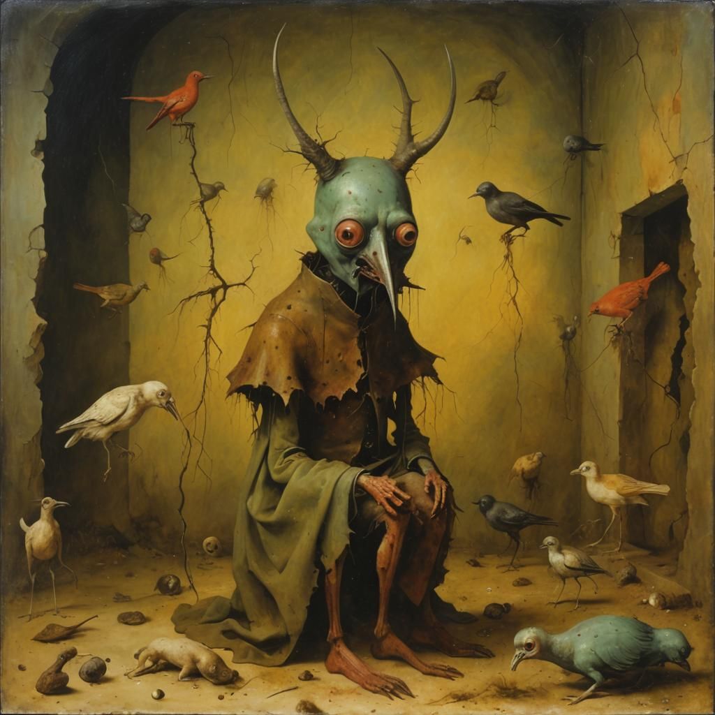 Surreal Bird-Headed Man in Grimdark Style
