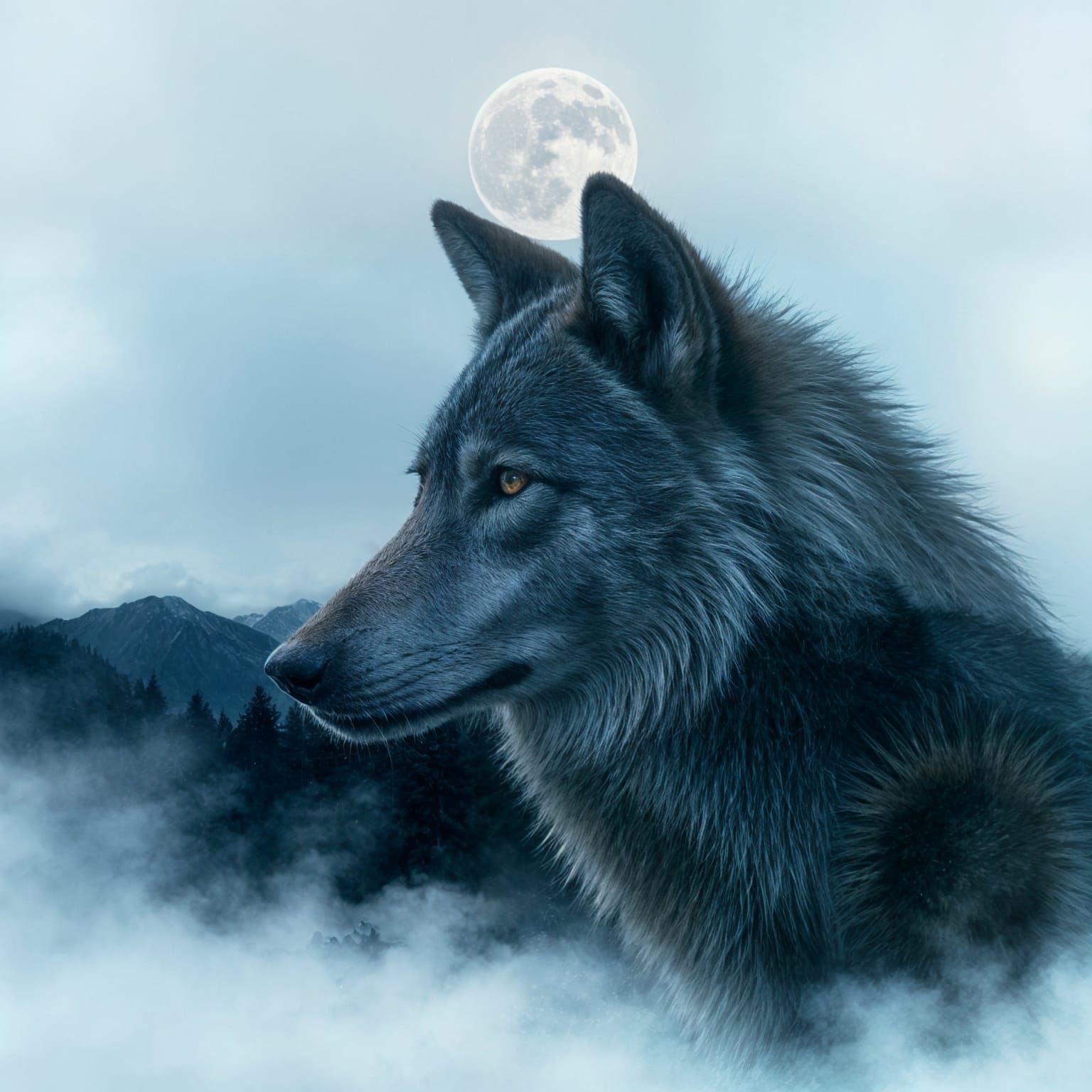Ethereal Wolf Double Exposure with Mountain and Moon