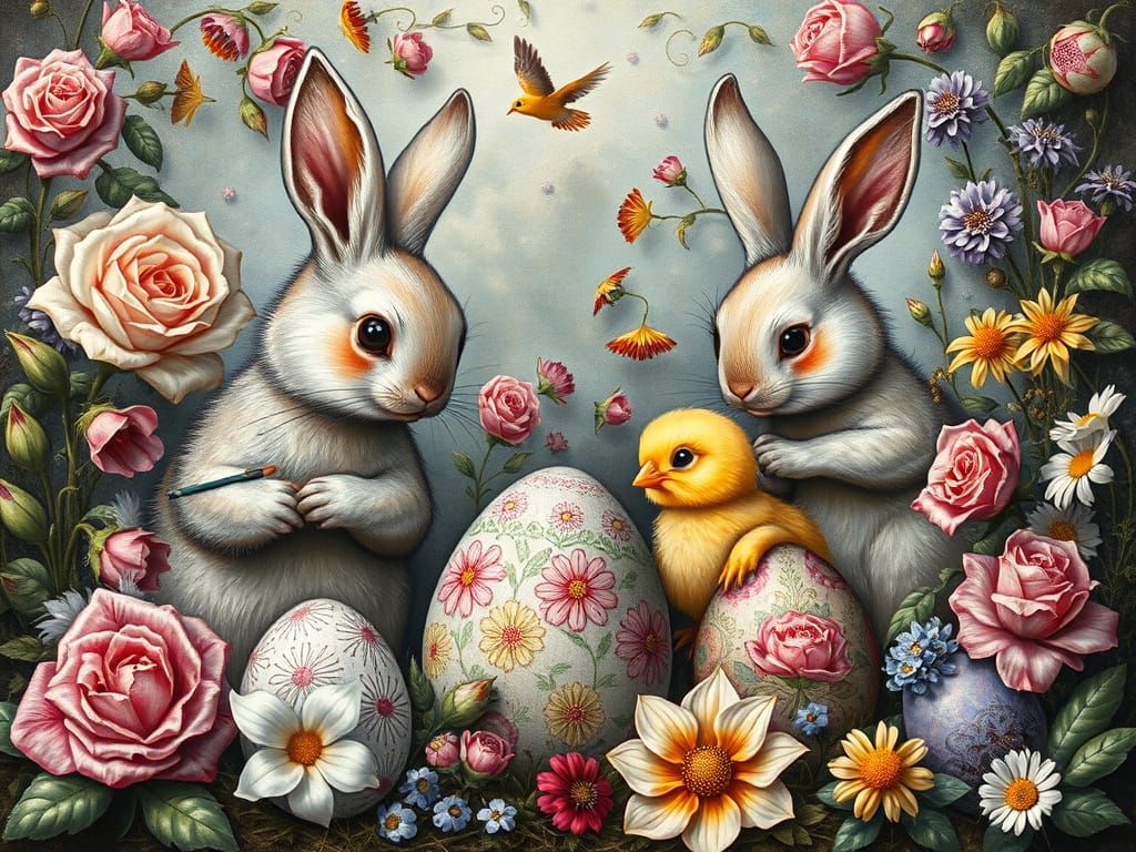 Easter Bunnies Painting Eggs in Renaissance Style