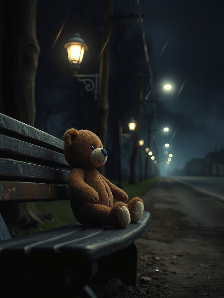 Ethereal Teddy Bear in a Haunting Stormy Night Scene