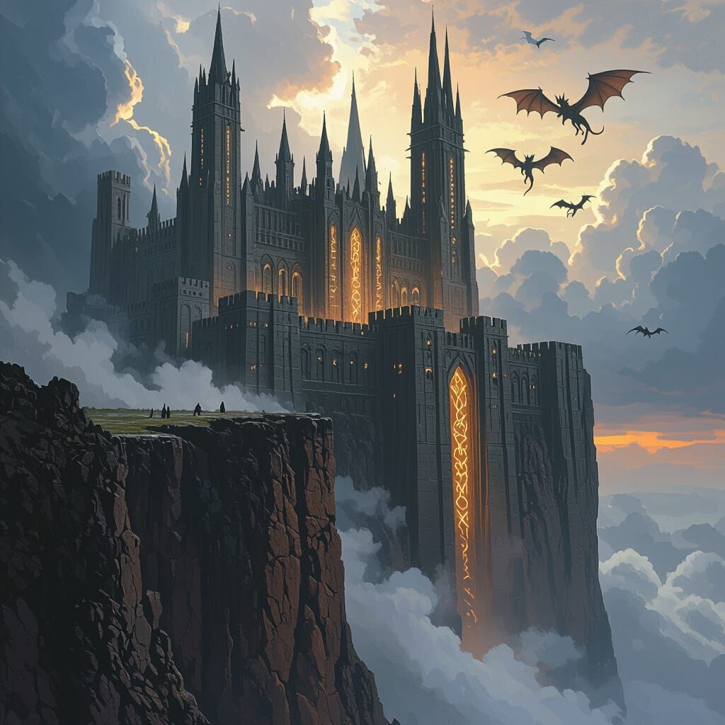 Fourth Wing Fortress with Dragons in Dark Fantasy Style