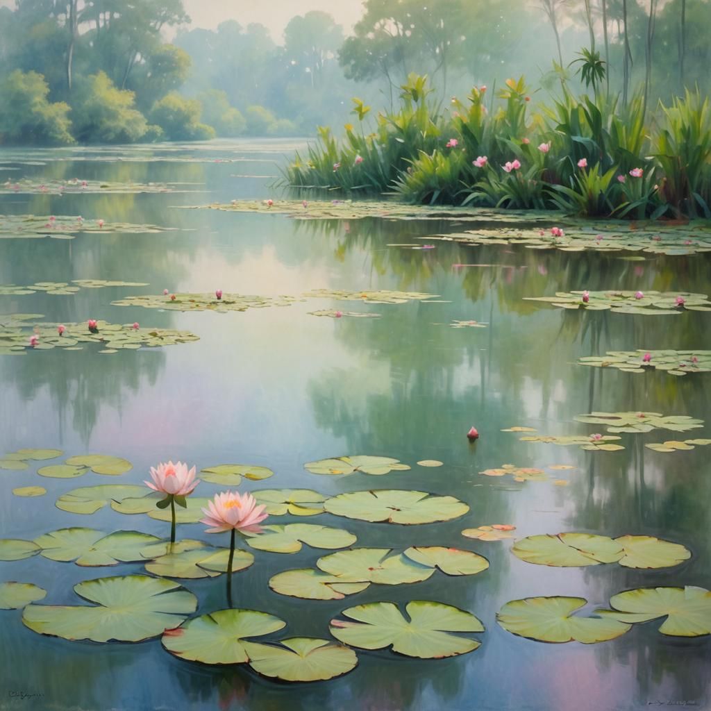 Impressionist Water Lily Lake in Misty Light